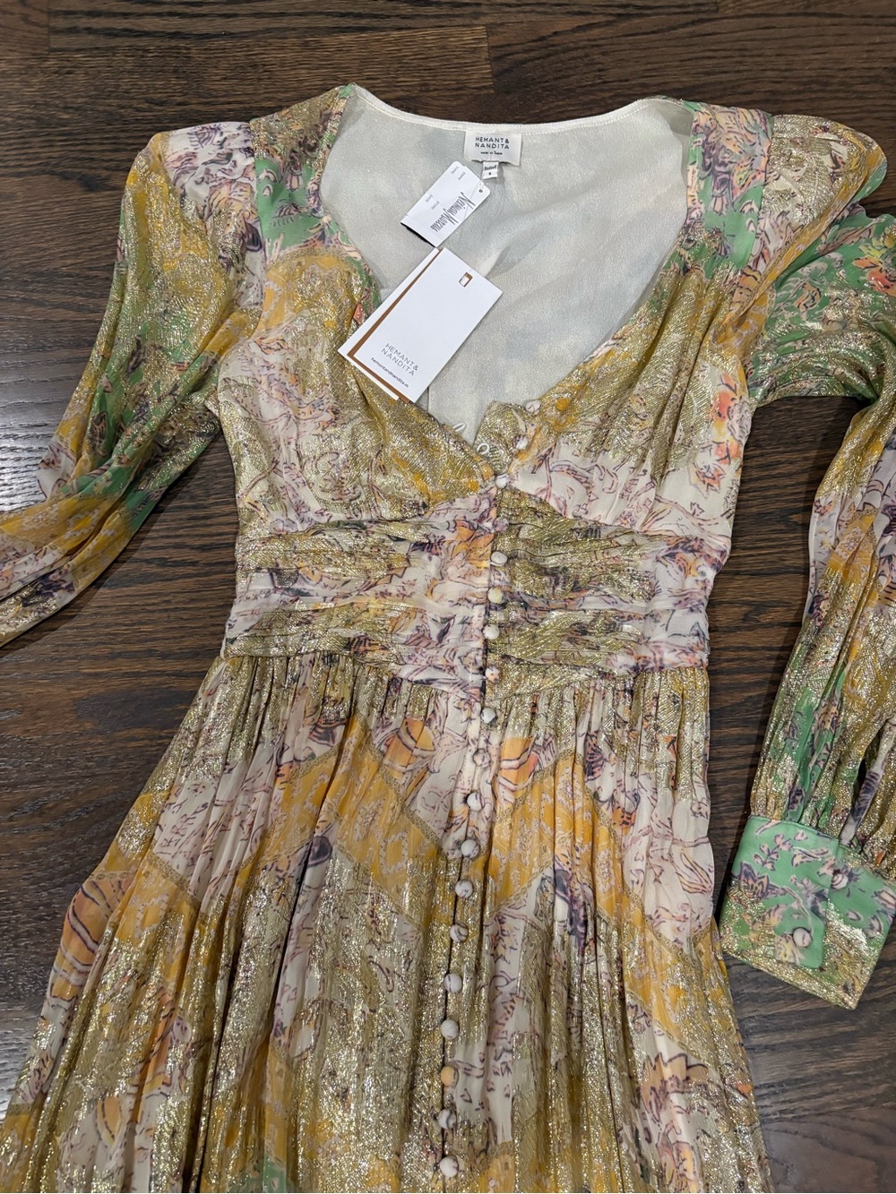HEMANT & NANDITA Pastel Green and Gold Floral Button-Front Maxi Dress - Picture 3 of 3